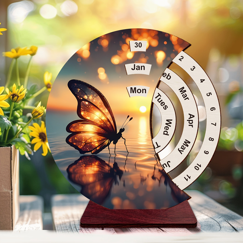 Classic Wooden Manual Rotation Calendar with Glowing Butterfly Reflection Design